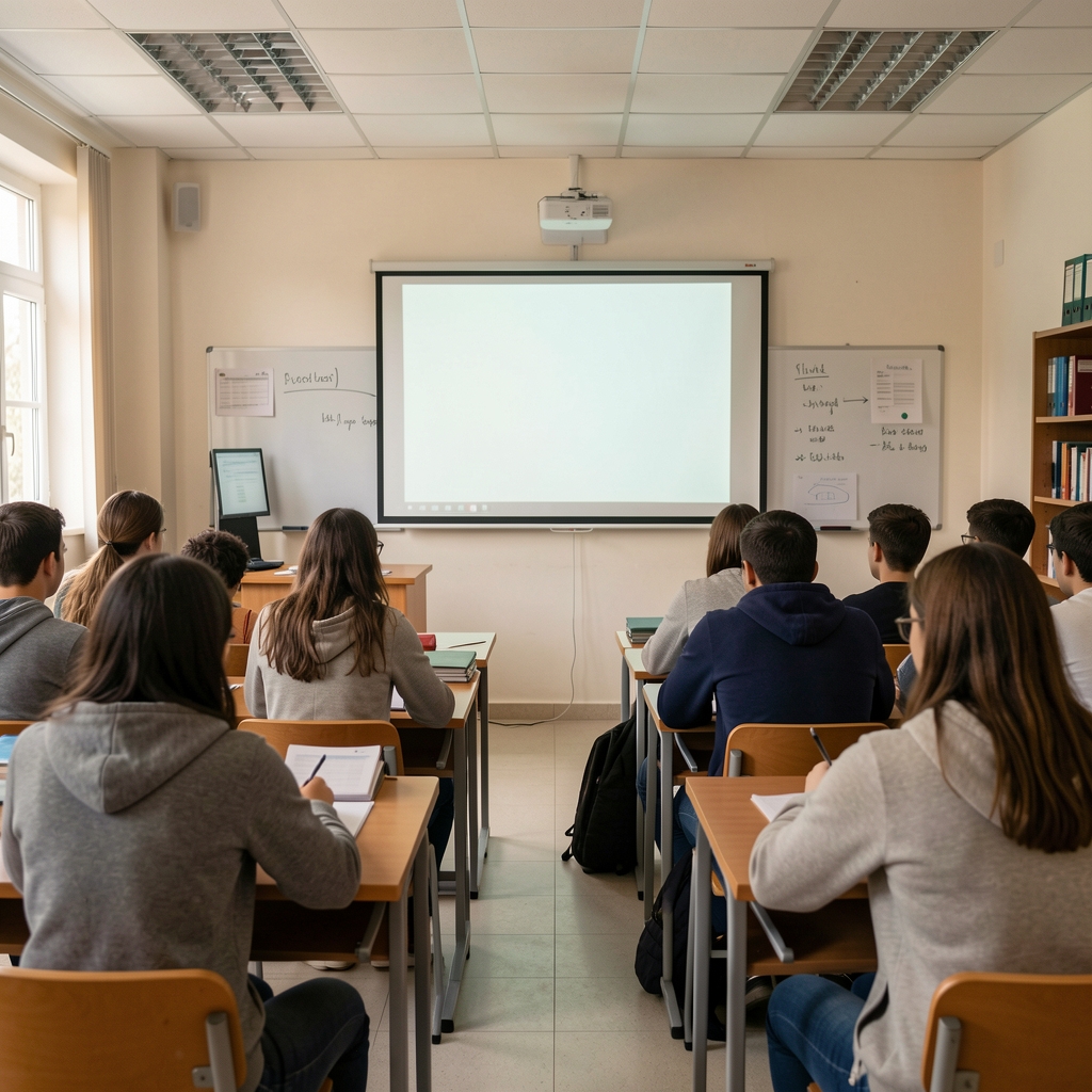 Üniversite muhasebe eğitim sınıfı öğrenciler ve projeksiyon tahta ile ders anlatımı