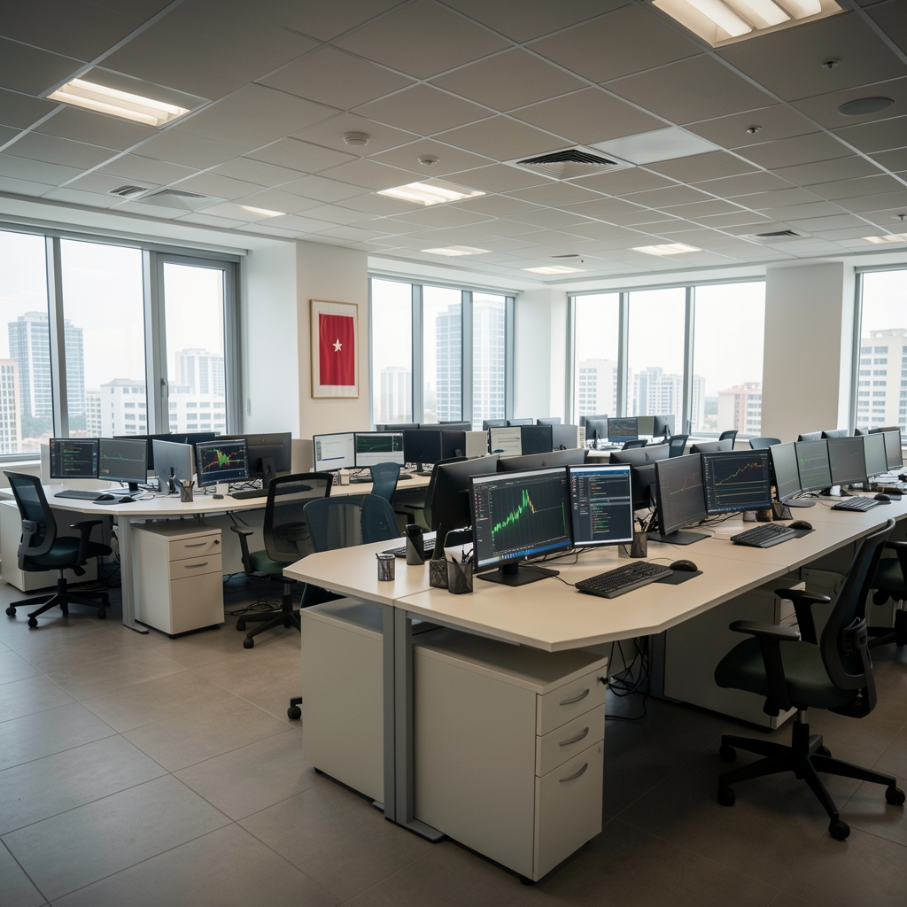 Türkiye kamu kurumu finansal kontrol departmanı, geniş açık plan ofis ve çok monitörlü çalışma istasyonları