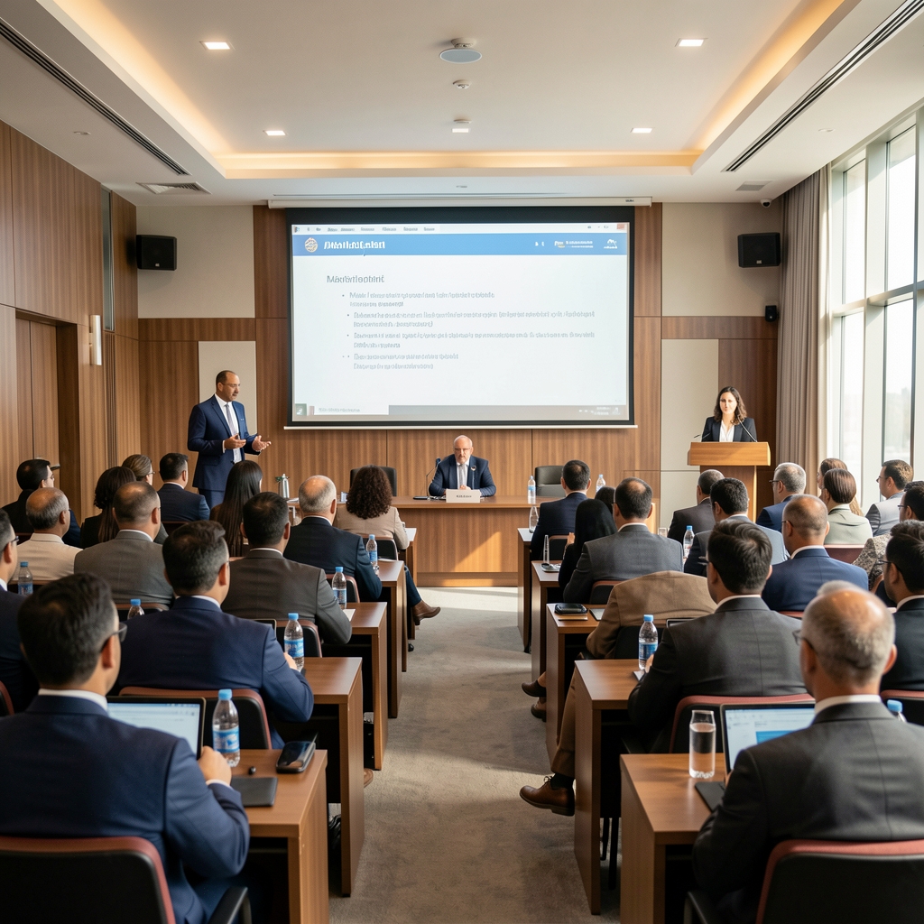 Muhasebe profesyonelleri mesleki gelişim semineri salonu, sunum ekranı ve dinleyiciler modern konferans ortamı Ankara