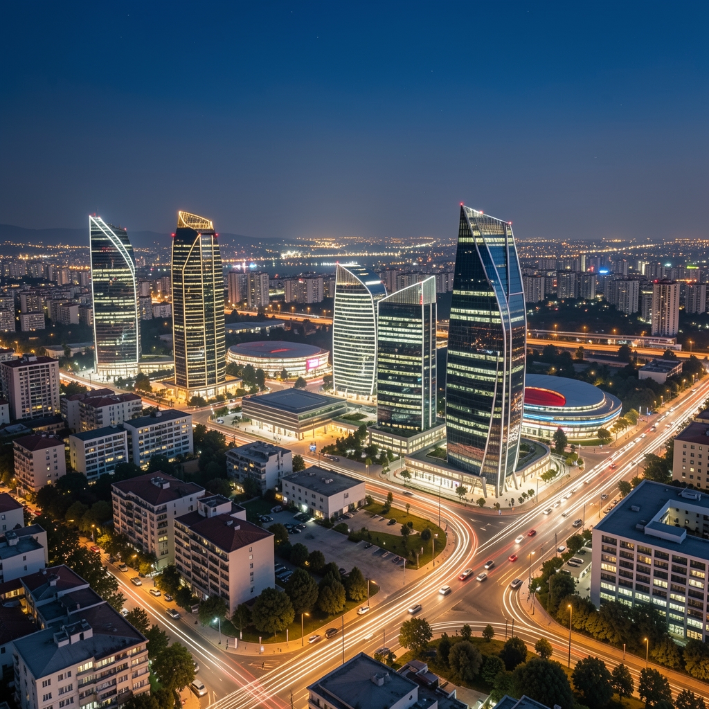 Ankara şehir manzarası ve modern iş merkezi binaları gece ışıkları ile finansal bölge Türkiye