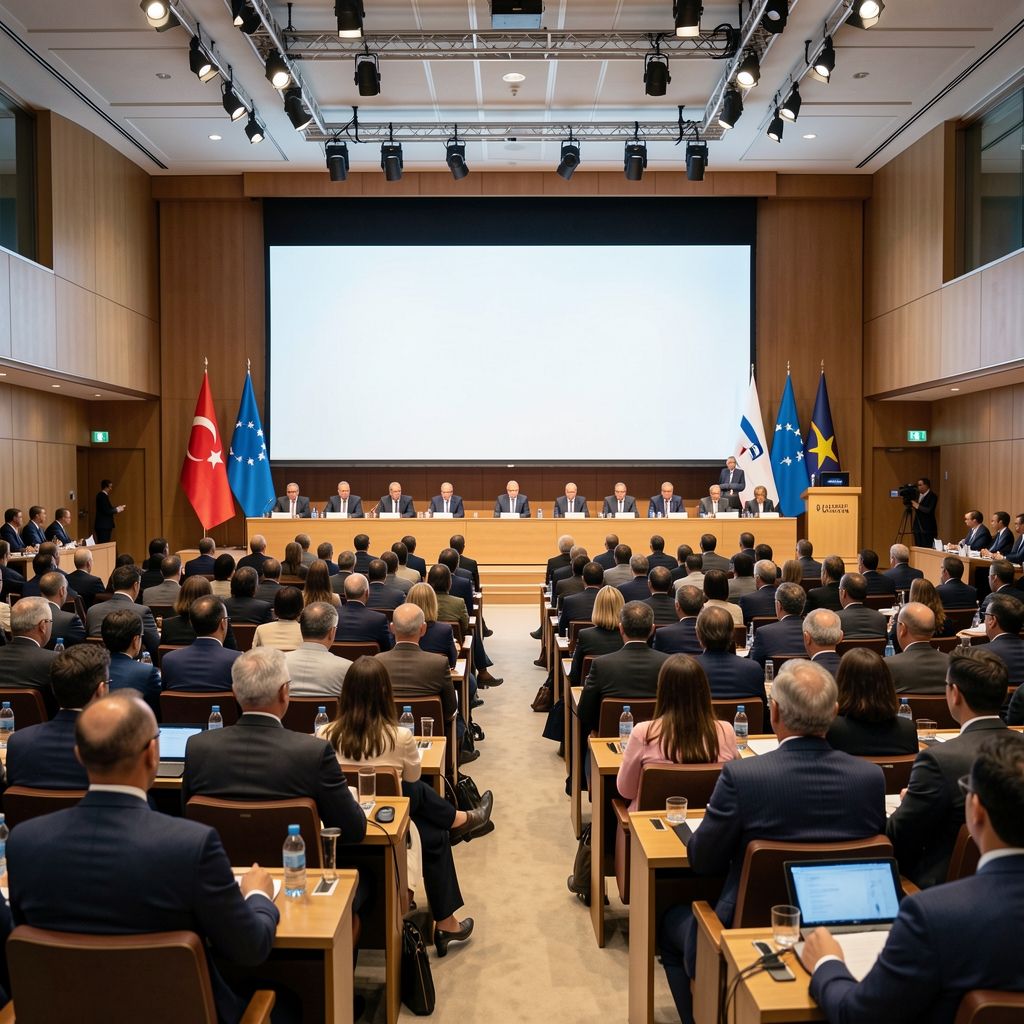 Uluslararası finansal standartlar konferansı, resmi sunum salonu büyük ekran ve delegeler önde Cenevre